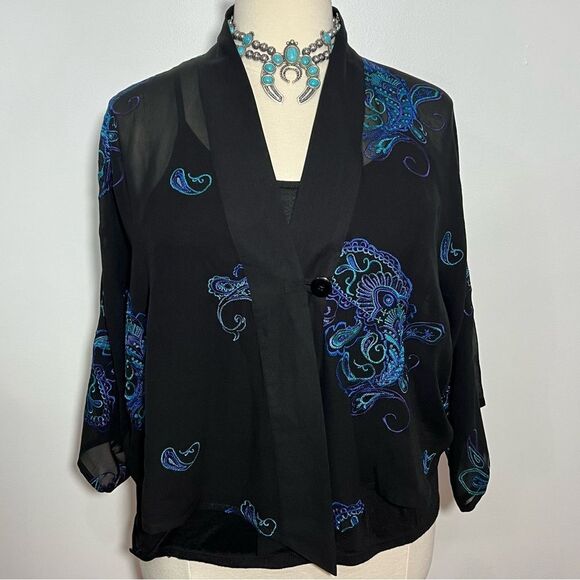 Chico's Turquoise 100% Silk Paisley Print Sheer Cardigan Blouse - M/L - Picture 3 of 11